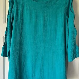 Ali Miles Aqua Blue Textured Tunic Top Blouse Artsy Lattice SLV & Neck S Small